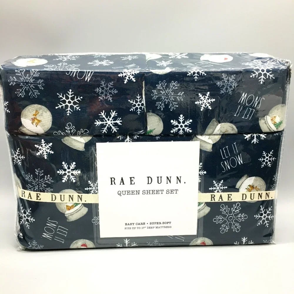 Rae Dunn Christmas LET IT SNOW Sheet Set Snowflakes Reindeer Snowman Snow Globes